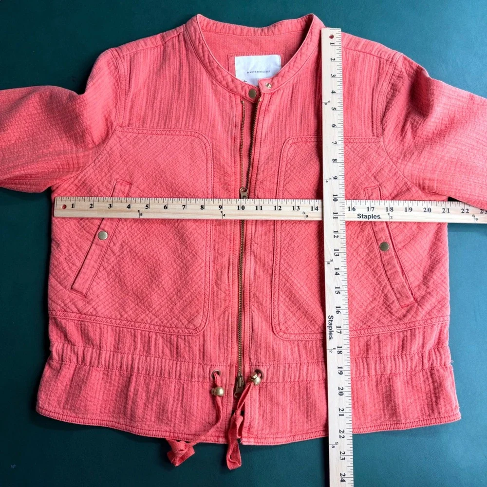 Anthropologie Coral Pink Quilted Utility Bomber Jacket Large Cotton Coastal Boho - Picture 3 of 7